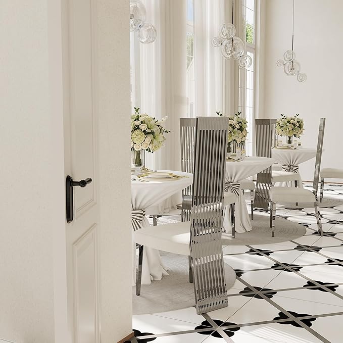 White and Silver Dining Chairs Set of 2, Upholstered High Back Dining Chairs with Mirrored Stainless Steel Backrest and Legs, Modern Luxury Dining Room Chair for Kitchen Living Room Restaurant