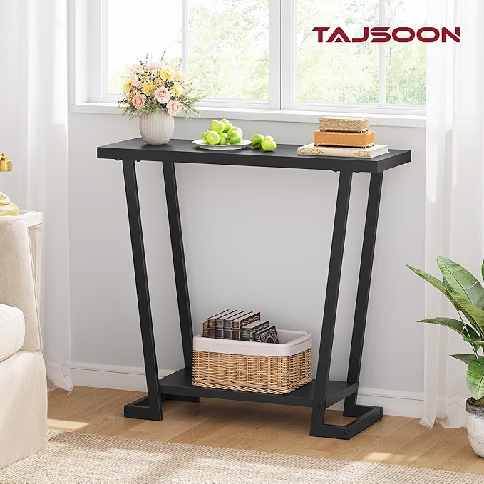 Tajsoon Console Table 31.5" Rustic, 2 Tier Industrial Entryway Table with Storage Shelf, Narrow Sofa Table with Geometric Frame, Small Hallway Table for Living Room, Foyer, Entrace, Black