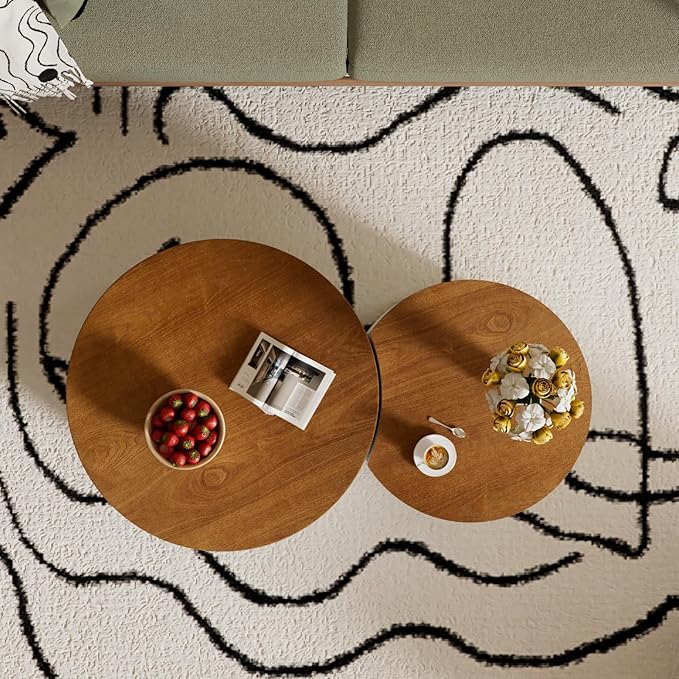 Round Nesting Coffee Table Set of 2, Round Fluted Coffee Tables with Storage for Living Room Leather Veneer Modern Nesting End Side Tables for Small Spaces (A Storage White)