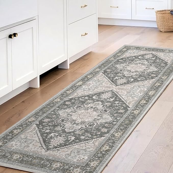 OPPODREAM Thin Entryway Rug 2x6, 2x6 Rug Runner, Washable Hallways Carpet 2 x 6 with Non Slip Backing, Low-Pile Bedside Carpet 2 x 6, Long, Faux Cashmere, Greenish Grey