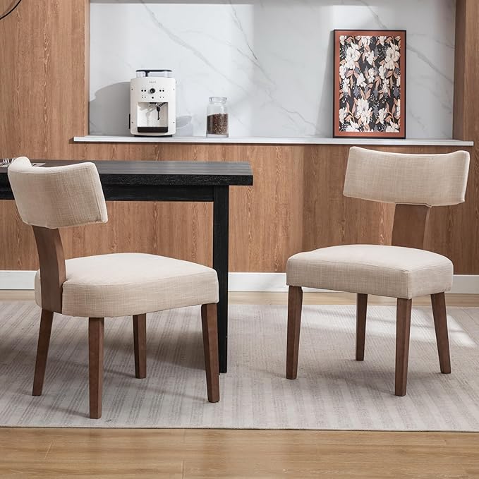 Mid Century Modern Dining Chairs Set of 2 Upholstered Linen Fabric Dining Chairs Curved Backrest Farmhouse Dining Room Chairs Kitchen Chairs with Wood Legs, Beige