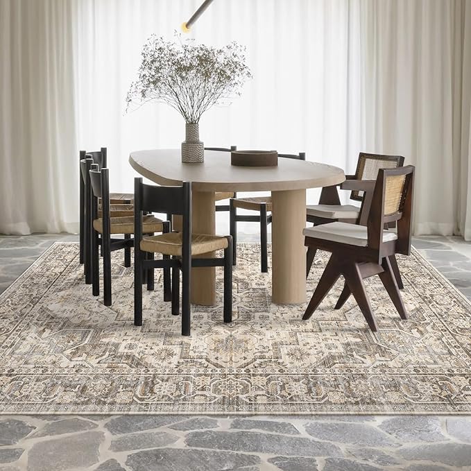 Machine Washable Soft Area Rug 8x10 Rugs with Non Slip Backing for Living Room, Bedroom, Bathroom,Printed Vintage Home Decor, Floor Decoration Carpet Mat (Coffee Beige 8x10)…