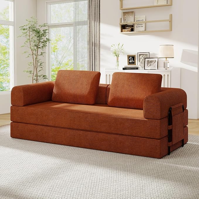 Antetek Convertible Sofa Bed, Comfy Corduroy Fluffy Love seat Sleeper Sofa, 5 in 1 Folding Couch Bed, Fold Out Floor Couch with Pillows for Bedroom, Living Room, Office, Pinstripe, Orange
