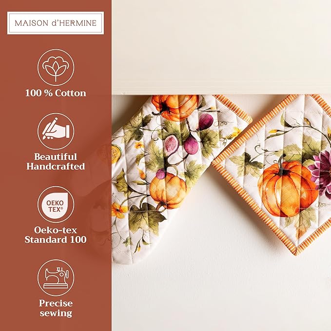 Maison d' Hermine 100% Cotton Oven Mitt & Pot Holder Set (7.5"x13" & 8"x8") Heat Resistant BBQ Cooking Gloves with Loop for Christmas Decorations Handling Hot Pans (Pumpkin Garden - Cloudy Cream)