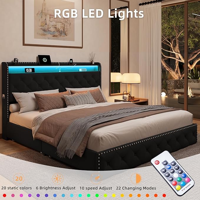 BRELTAM King Size Bed Frame with 4 Storage Drawers Upholstered Velvet Bed Frame with LED and Charging Station,Platform Bed Frame with Headboard Heavy Duty Wood Slats,Noise Free,Easy Assembly,Black