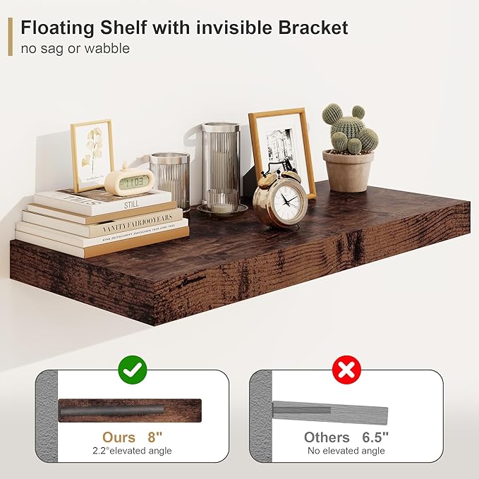 Heimlove 12" Deep Floating Shelves for Wall Shelf Over Toilet Wall Mounted Farmhouse Long 55 inches Set of 1, Farmhouse Shelves with Invisible Brackets for Living Room, Kitchen, Bedroom,Rustic Brown