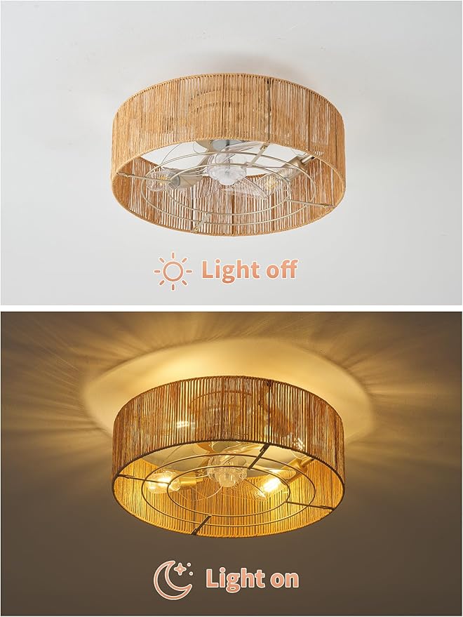 Ceiling Fans with Lights, 20" Boho Ceiling Fan with Light Flush Mount, Rattan Low rofile with 6 Speeds, Remote Control for Bedroom, Nursery, Living Room