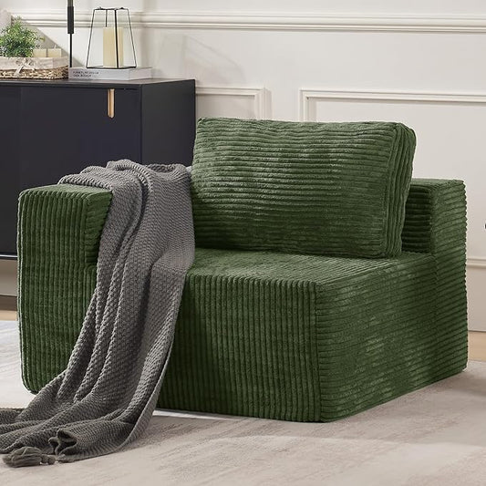 40" Modular Sectional Sofa, Upholstered Floor Sofa Couch with Pillow, Bean Bag Chair for Bedroom Living Room, No Assembly Required (Green, Plush Corduroy Fabric)
