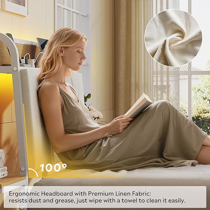 WLIVE Twin Size Upholstered Bed Frame with 2 Side Shelves, Linen Tufted Storage Headboard with Charging Ports and LED Light, Metal Solid and Stable, No Box Spring Needed, Easy Assembly, Beige