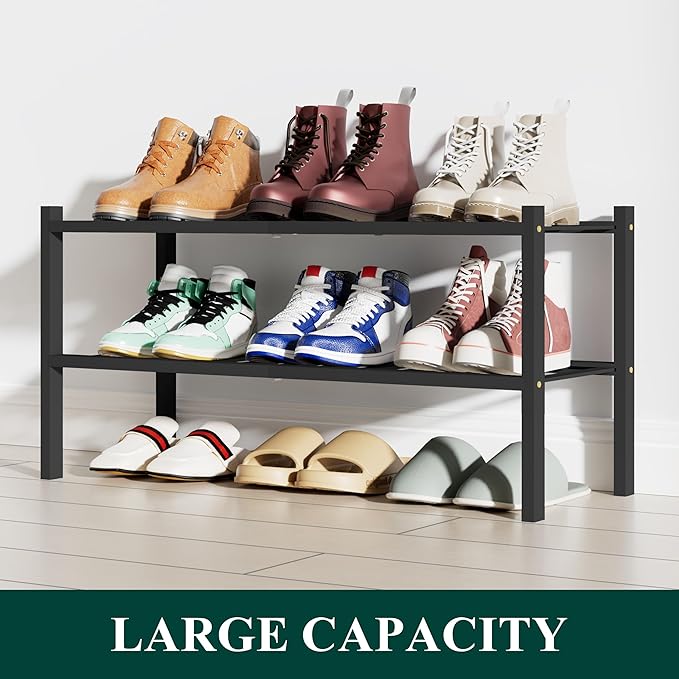 Smiry Shoe Rack, 2 Tier Bamboo Shoe Organizer, Stackable Free Standing Wooden Shoe Storage Shelf for Closet, Entryway, Front Door Entrance, Black