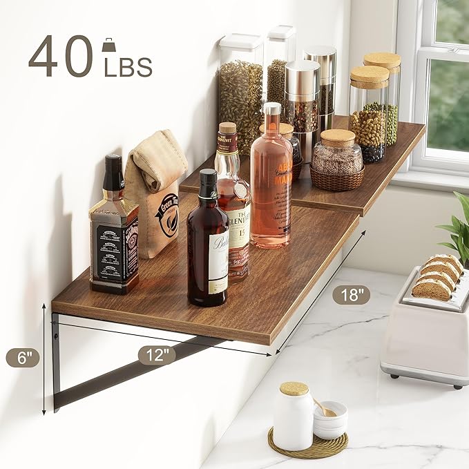 Fun Memories 18" W x12 D Floating Shelves, Farmhouse Wall Shelves Home Decor Shelf, Deep Bathroom Shelf with Bracket, 12 Inch Deep Wall Shelves for Living Room, Kitchen, Bedroom, Walnut, Set of 2