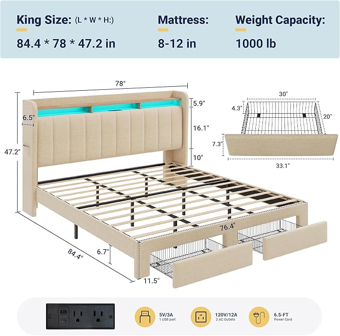 Allewie Vertical Tufted King Size Upholstered Platform Bed Frame with 2-Tier LED Storage Headboard & 2 Storage Drawers, USB & Type-C Charging Ports, Noise-Free/No Box Spring Needed, Beige