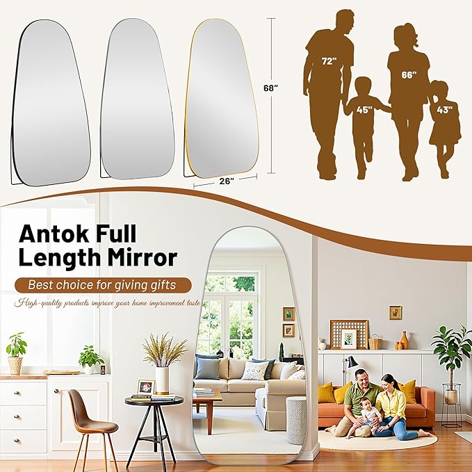 Antok Full Length Mirror, 81"x41" Floor Mirror with Stand,Standing Hanging Leaning Irregular Mirrors for Bedroom Living Room Entryway,Tear Drop Style,Silvery
