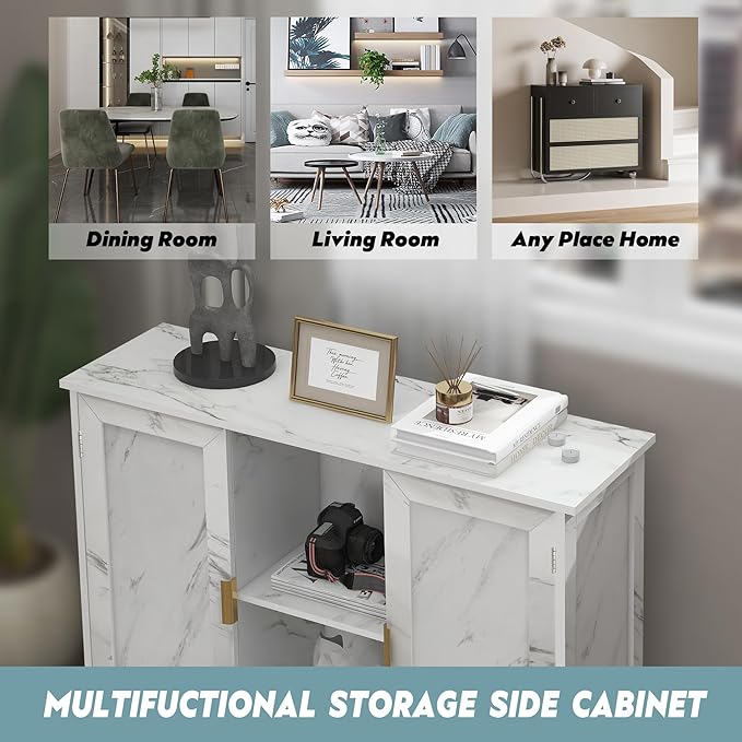 TaoHFE Marble Top Narrow Sideboard Cabinet,Modern White Marble Side Buffet Cabinet with Storage,Kitchen Island Narrow Sideboard for Kitchen for Living Room