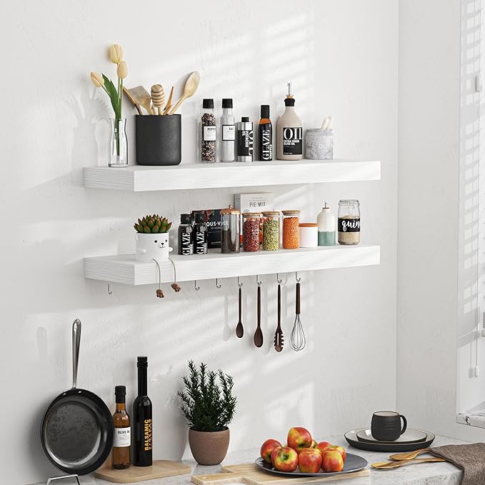 Floating Shelves - 24 Inch Rustic Wooden Wall Shelves - Extra Deeper & Thicker Wall Mounted Storage Shelf for Living Room, Kitchen, Farmhouse - 24" W x 9" D x 1.6"H - Rustic White, 2 Pack