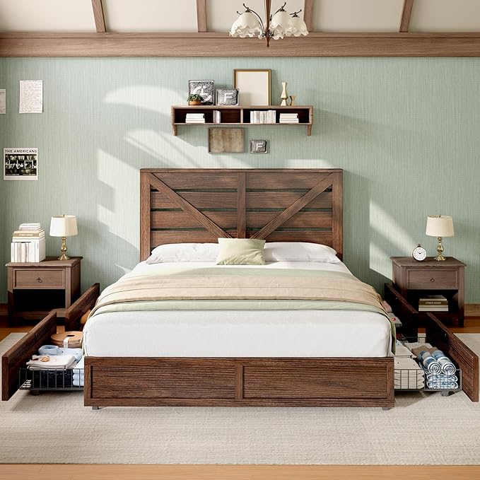 AMERLIFE Queen Size Farmhouse Bed Frame with 4 Drawers, Wooden Storage Bed Frame with Headboard and Heavy Duty Metal Slats, Noisy Free, Easy Assemble, Rusric Brown