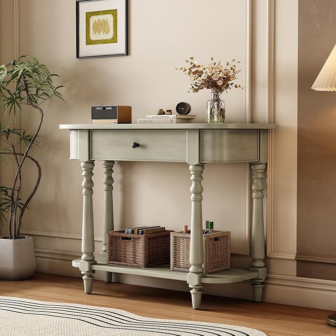 HMFULE Retro Curved Console Table, 36" Solid Wood Half Moon Console Table Sofa Table Entryway Table with 1 Drawer 1 Open Shelf Roman Legs Curved Corners for Living Room,Entryway,Hallway,Gray
