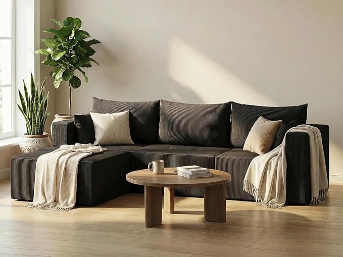 Cloud Boneless Sectional Sofa, Modular Sofa with Deep Seat, Modern Upholstered Couch with Chaise Lounge, Fluffy Comfy L-Shape Sectional Couch for Living Room, Black