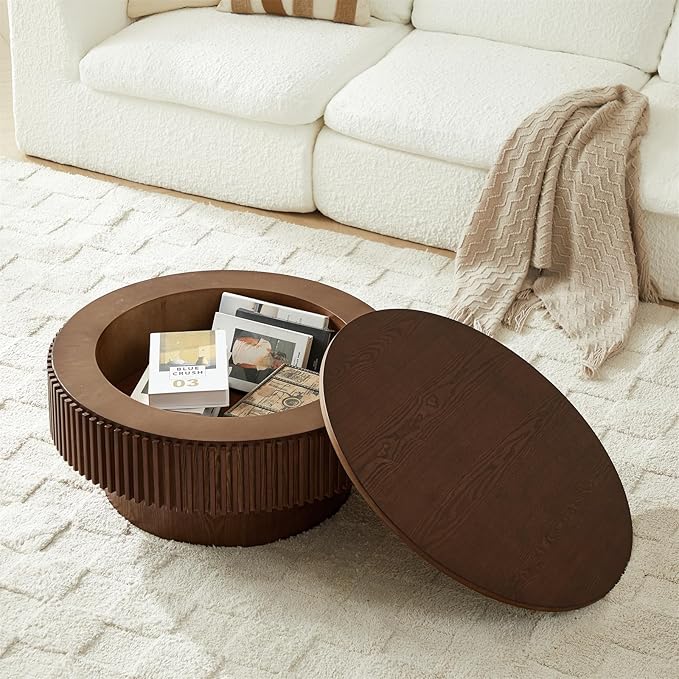 Round Coffee Table for Living Room,Fluted Drum Accent Tea Center Table with Storage,Circle Modern Coffee Tables for Small Space Office Apartment (31.5" L×31.5''W×14''H-Walnut)