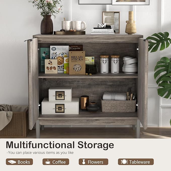 Fluted Cabinet with Storage, Small Buffet Cabinet Sideborad with Door, Kitchen Buffet Storage Accent Cabinets with Adjustable Shelves for Living Room, Entry, Hallway, Gray