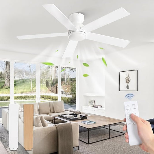 48 Inch Flush Mount Ceiling Fan without lights, White Ceiling Fan with Remote, 6-Speeds, Quiet Reversible DC Motor, Indoor/Outdoor Ceiling Fans for Living Room, Bedroom, Patio