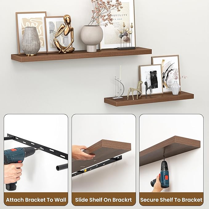 Heimlove 24 Inch Floating Shelves for Wall,Mounted Storage Wood Shelves with Invisible Brackets Hanging Shelf for Bedroom,Living Room,Kitchen,Office,Set of 2,Walnut Color