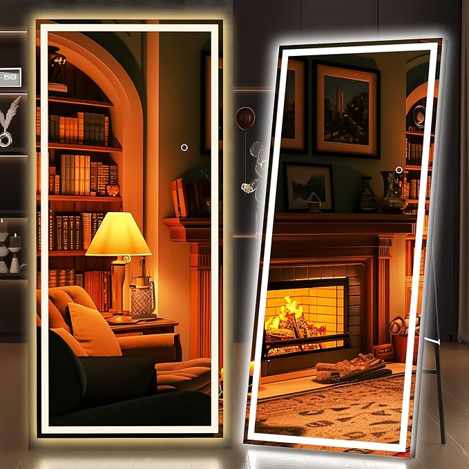 Hasipu Full Length Mirror with Lights, 71" x 27.6" LED Lighted Floor Standing Mirror, Full Body Dressing Hanging Mounted, Dimmable, Tempered Glass, Safe to Use, Square Black