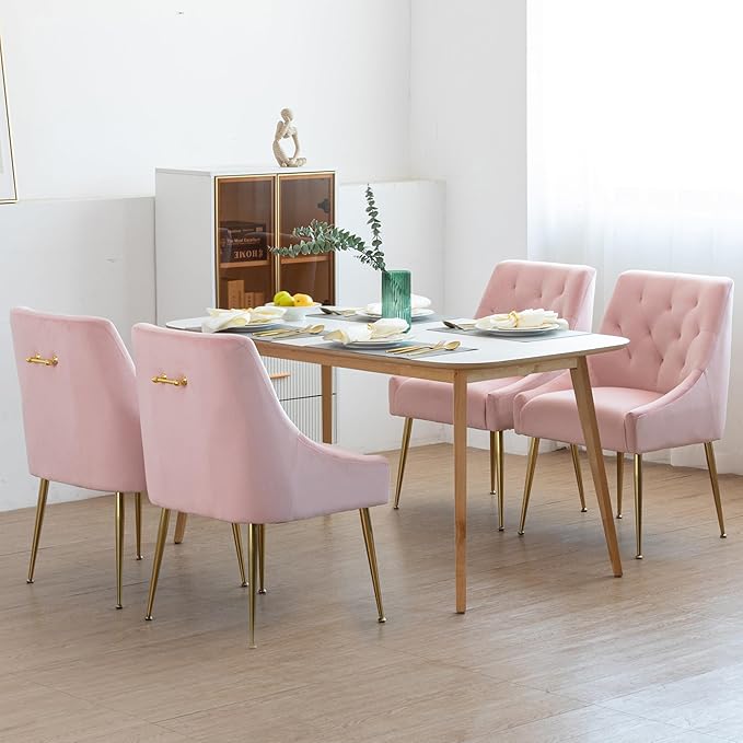 Modern Dining Chairs Set of 4, Mid Century Dining Chairs with 5.12” Cushions and Golden Legs, Velvet Upholstered with Back Pull Rod, for Kitchen, Living Room, Pink