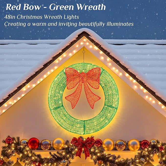 Sweetcrispy 48in Pre-Lit Christmas Wreath, LED Lighted Holiday Outdoor Decoration with Bow for Door, Mantel, Wall, Windows, Front Door Decor, Green Wreath - Red Bow
