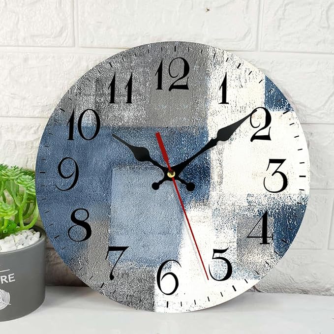 ArtSocket Wooden Wall Clock Silent Non-Ticking, Blue White Grey Abstract Painting Gray Vintage Modern Lines Round Wall Clocks Decor for Home Kitchen Living Room Office(12 Inch)