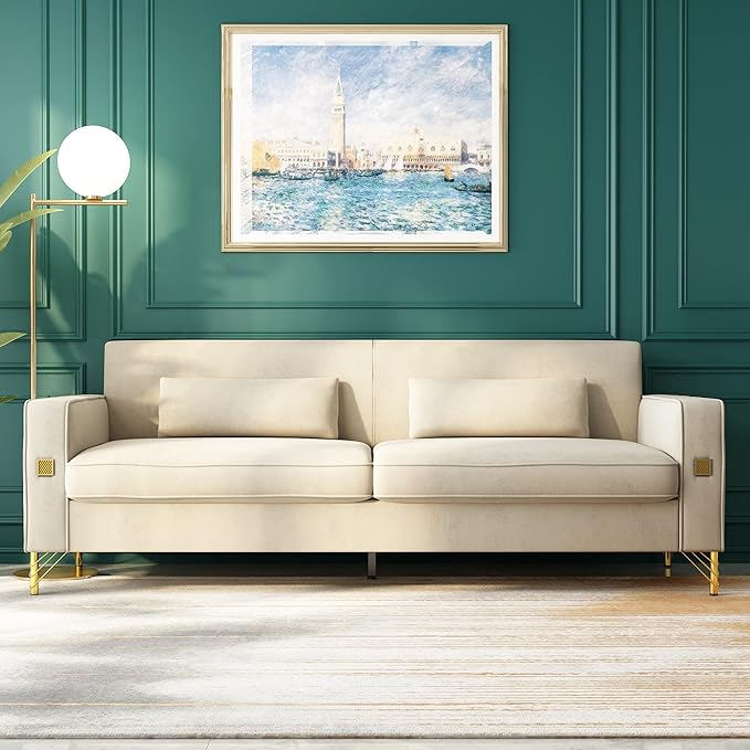 2PCS 85.63" Beige Velvet Sofa,Modern Loveseat Couch with Pillows Set of 2 for Living Room,Bedroom,Apartment Furniture with Gold Metal Legs