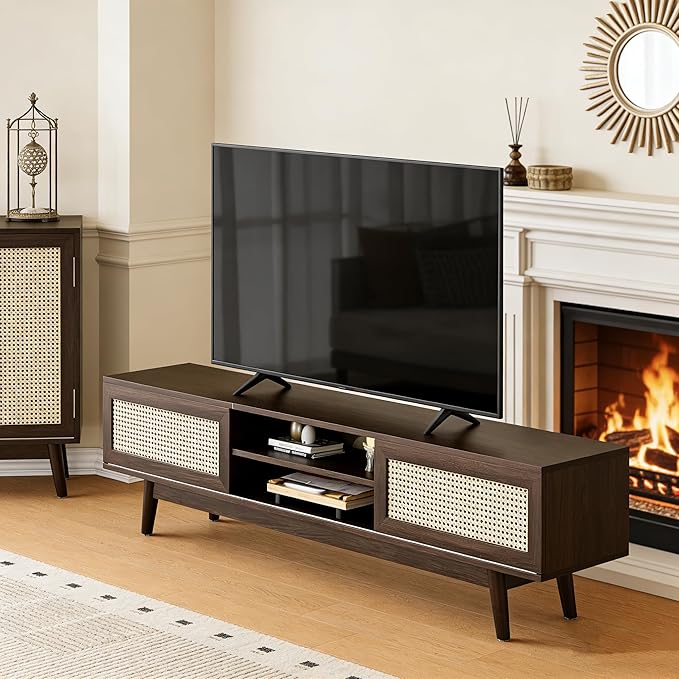 65" TV Stand with Open Shelf & Generous Storage, Rattan-Door Sideboard for TVs up to 75 Inch, Modern Accent Cabinet for Living Room, Dark Walnut