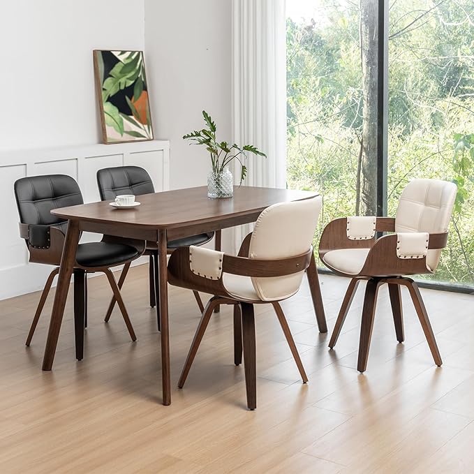 Set of 2 Swivel Dining Chairs - Mid Century Modern Dining Chairs with Arms and Curved Back, Faux Leather Bentwood, Versatile for Living Room/Reception/Conference Room/Kitchen/Desk (Walnut Beige)