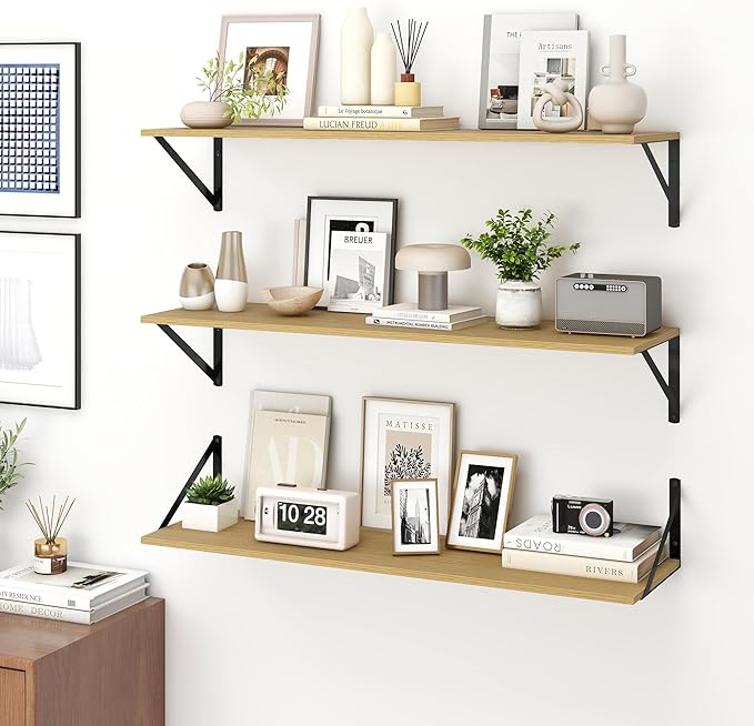 Fun Memories Deep Floating Shelves for Wall, 36W x 8D Wall Mounted Shelves Set of 2, Wide Display Ledge Shelf with Sturdy Metal Brackets for Living Room, Bathroom, Bedroom and Kitchen, Oak