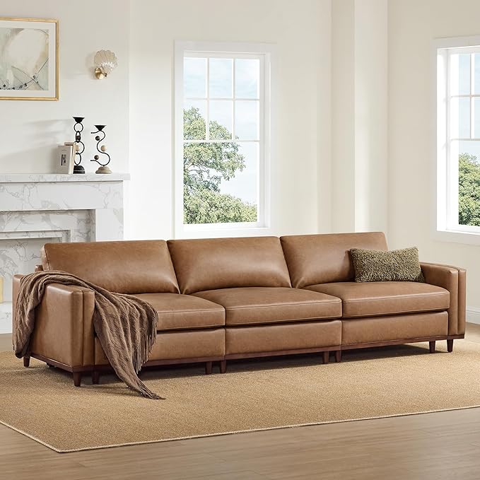 CHITA 118" Super Large Luxury 3 Seat Sectional Modular Sofa, FSC Certified Down Filled Modern Sofa, Deep Seat Comfty Cloud Couch, 3 Seat Couch, Solid Wood Leg, Faux Leather in Camel