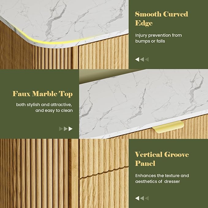 Fluted 6 Drawer Storage Cabinet, 47" Wide Chest of Drawers with Faux Marble Top & Curved Profile Design, Modern Buffet Cabinet, Wood Sideboard for Living Room, Hallway, Natural