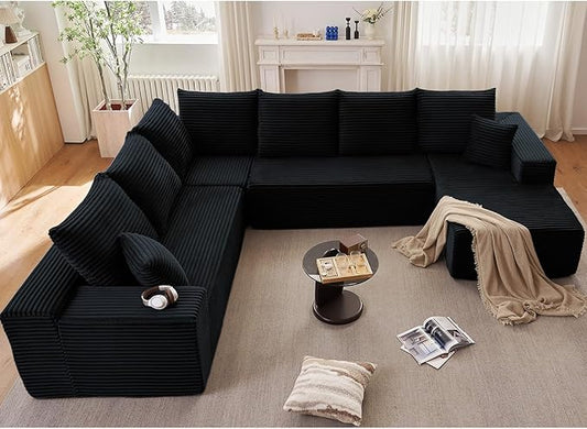 Sectional Cloud Couch with L-Shape Chaise, Modern Modular Comfy Sofa with Deep Seat, Upholstered Corduroy Couches Stupendous U Shaped Sofas for Living Room Bedroom, No Assembly Required, Black