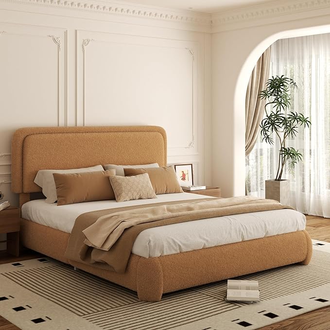 Queen Bed Frame, Teddy Velvet Boucle Bed Frame with 43.3"/45.3" Adjustable Upholstered Headboard, Rounded Corners, Mattress Foundation, No Box Spring Required, Brown