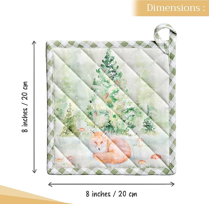 Maison d' Hermine Pot Holders Set 100% Cotton Heat Resistant Potholders 8" x 8" Hot Pads with Loop for Thanksgiving Christmas Decorations BBQ Baking Handling Hot Pans (Pack of 2, Winter Mornings)