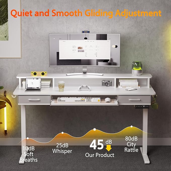 63 Inches Electric Standing Desk with Keyboard Tray, Height Adjustable Sit to Stand Table with 2 Drawers, Ergonomic Home Office Desk with Storage Shelf, Computer Table, White