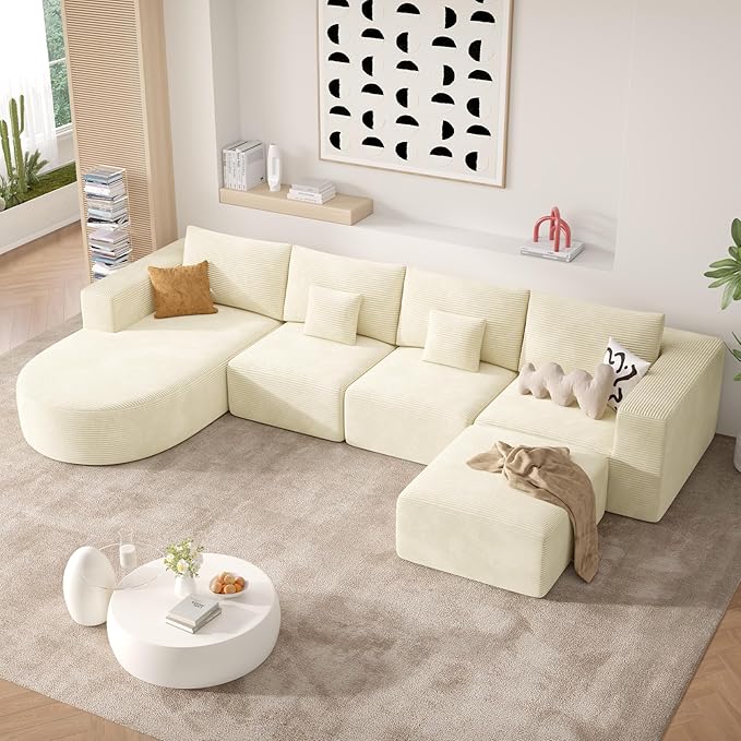 134" Boneless Couches for Living Room,Modular Sectional Sofa with Ottoman,Cloud Couch in a Box,Sponge Compression U Shaped Sofas with Chaise No Assembly Required(Beige-Corduroy Fabric) 1pcs