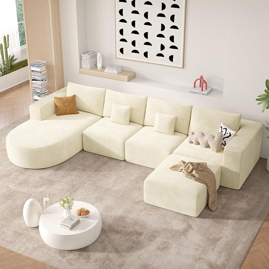 134" Boneless Couches for Living Room,Modular Sectional Sofa with Ottoman,Cloud Couch in a Box,Sponge Compression U Shaped Sofas with Chaise No Assembly Required(Beige-Corduroy Fabric) 1pcs