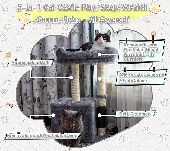 26.8" Small Cat Tree Tower,Cat Scratching Post for Indoor Cats,Featuring with Cat Cave & Cozy Perch,Cat Self Groomer and Interactive Dangling Ball Great for Kittens/Cats (Light Gray, Medium)