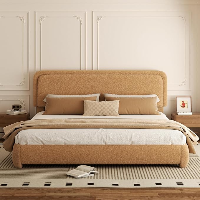 King Bed Frame, Teddy Velvet Boucle Bed Frame with 43.3"/45.3" Adjustable Upholstered Headboard, Rounded Corners, Mattress Foundation, No Box Spring Required, Brown