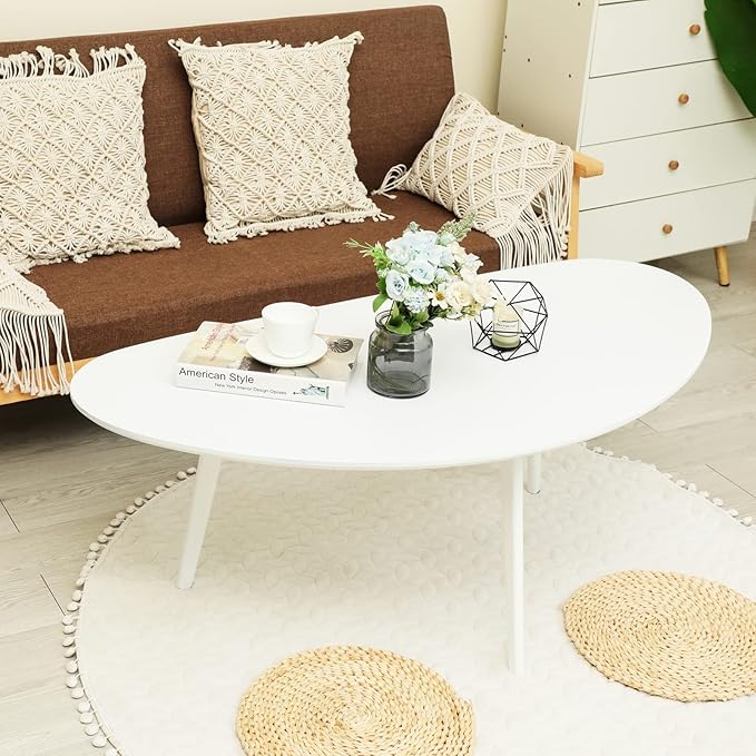 FIRMINANA Mid Century Modern Coffee Table,Large Oval White Coffee Table for Living Room,for Small Spaces,White-47.3" W x 23.63" D x 17.72" H