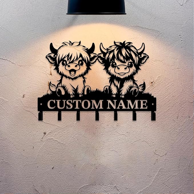 Personalized Highland Cow Metal Keys Hooks,Custom Name Metal Highland Cow Keys Hooks,Black Metal Highland Cow Wall Home Storage Decorative Keys Hooks,Key Holder Hooks for Wall (Style B)