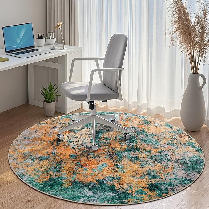 6ft Round Area Rug for Living Room- 6x6 Washable Neutral Abstract Rug for Bedroom Modern Soft Dining Room Rug No Slip Low Pile Carpet for Nursery Home Office Decor - Teal/Orange