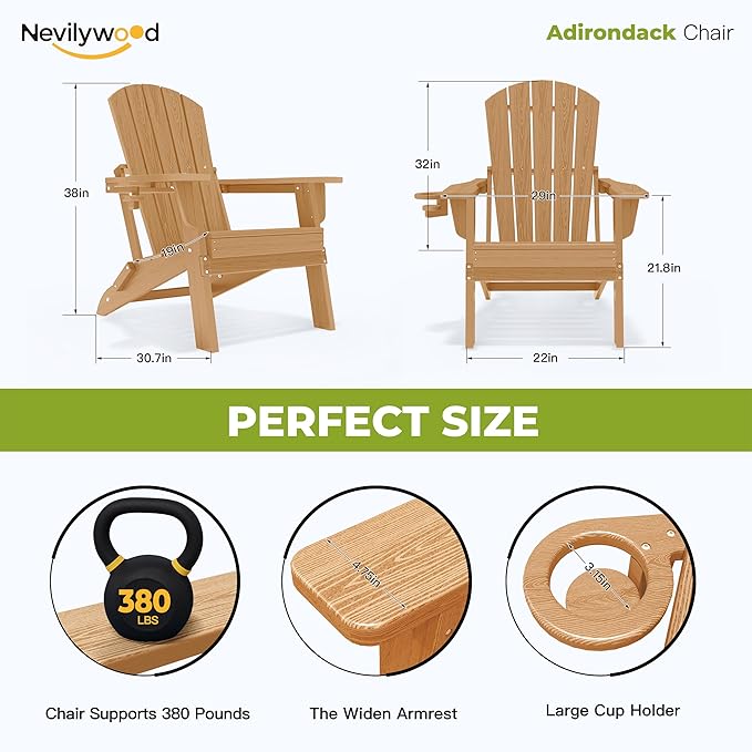 nevilywood Folding Adirondack Chair - Extended Ergonomic Backrest, Cup Holder - Easy Assembly - Durable HDPE Plastic, Weather Resistant & Maintenance-Free - Lawn, Patio, Deck Supports 380lbs,Teak