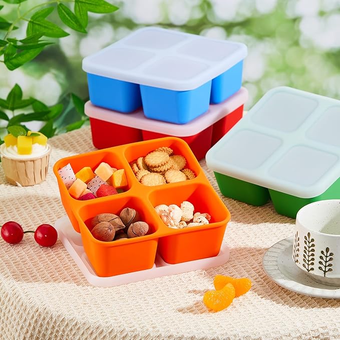 Roshtia 4 Pack Silicone Food Containers with Lids, Reusable Packs Bento Lunch Box for Meal Prep Food Storage, Microwave Dishwasher Safe(4 Compartment,Bright)