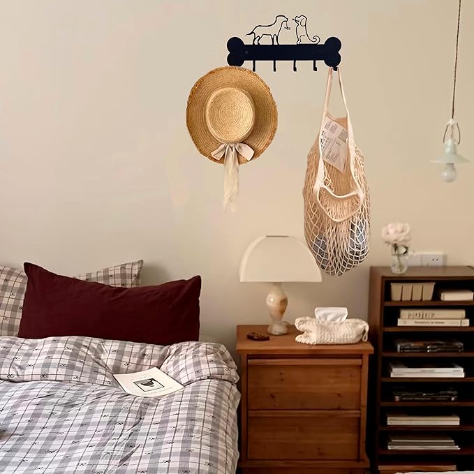 Dog Leash Holder Wall Mount, Dog Supply Organizer with 6 Hooks, Metal Key Hooks for Wall， Wall Storage for Hanging Leash, Vest, Harness, Keys